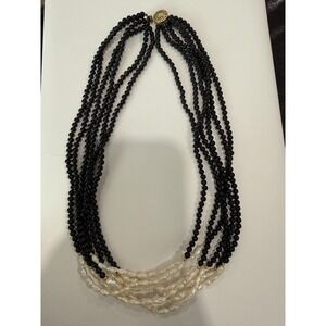 Vintage Multi Strand Black Onyx & Baroque Pearl Necklace Gold Clasp 14K GF